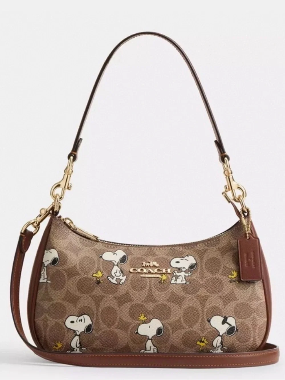 Coach Brown Signature Canvas Shoulder Bag with Snoopy Print